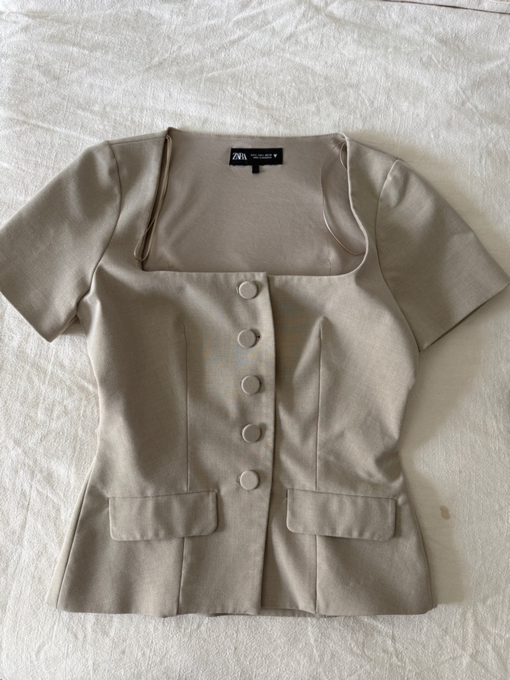 Zara Beige Square Neck Short Sleeve Button Front Top